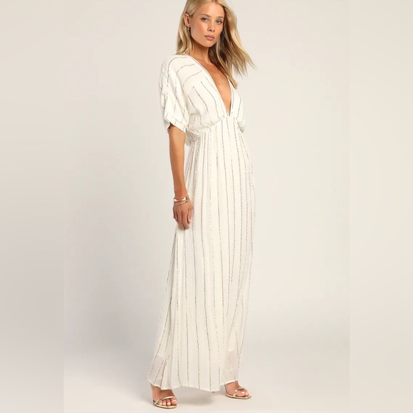 Lulus Dresses & Skirts - Goddess Vibes Ivory Gold Striped Dolman Sleeve Maxi Dress